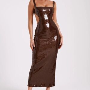 Adoria Sequin Cut Out Maxi Dress - Chocolate